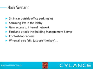 ► Sit in car outside office parking lot
► Samsung TVs in the lobby
► Gain access to internal network
► Find and attack the Building Management Server
► Control door access
► When all else fails, just use“the key”…
Hack Scenario
 