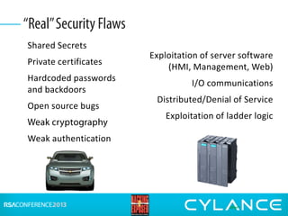 Shared Secrets
Private certificates
Hardcoded passwords
and backdoors
Open source bugs
Weak cryptography
Weak authentication
“Real”Security Flaws
Exploitation of server software
(HMI, Management, Web)
I/O communications
Distributed/Denial of Service
Exploitation of ladder logic
 