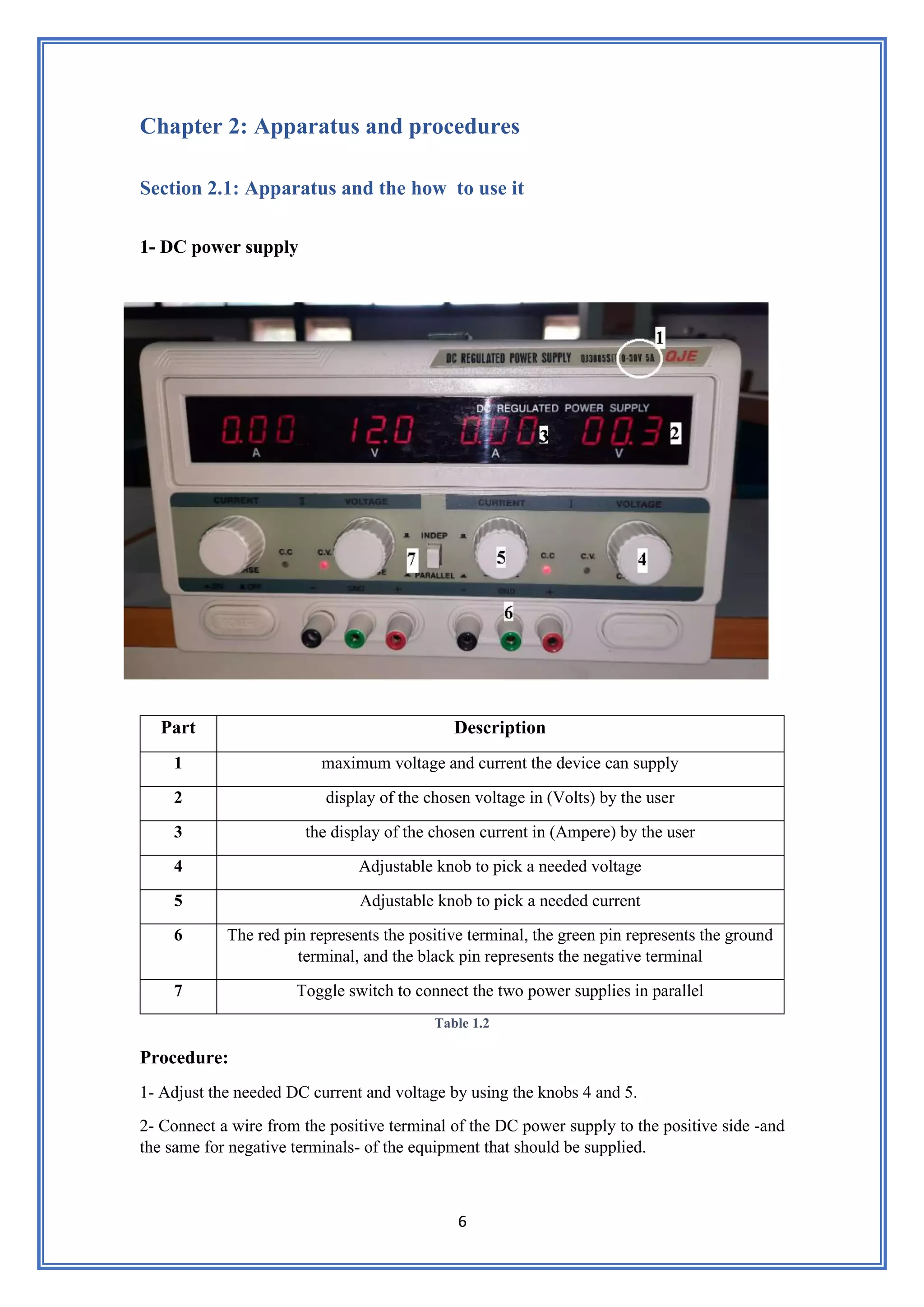 6
Chapter 2: Apparatus and procedures
Section 2.1: Apparatus and the how to use it
1- DC power supply
Part Description
1 maximum voltage and current the device can supply
2 display of the chosen voltage in (Volts) by the user
3 the display of the chosen current in (Ampere) by the user
4 Adjustable knob to pick a needed voltage
5 Adjustable knob to pick a needed current
6 The red pin represents the positive terminal, the green pin represents the ground
terminal, and the black pin represents the negative terminal
7 Toggle switch to connect the two power supplies in parallel
Table 1.2
Procedure:
1- Adjust the needed DC current and voltage by using the knobs 4 and 5.
2- Connect a wire from the positive terminal of the DC power supply to the positive side -and
the same for negative terminals- of the equipment that should be supplied.
 