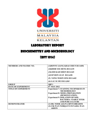 LABORATORY REPORT
BIOCHEMISTRY AND MICROBIOLOGY
(BFT 1014)
MEMBERS AND MATRIC NO. (1)DONNY LIANG KHAI CHIUN B11A056
(2)KHOR YEE HENG B11A135
(3)LOOI KAH SHIEN B11A165
(4)YIP HON LEAN B11A438
(5) YONG WOON SING B11A442
(6) LAU SU HUI B11A565
GROUP SBP 1
DATE OF EXPERIMENT 8th
MAY 2012
TITLE OF EXPERIMENT Experiment 7: STAINING TECHNIQUES IN
MICROBIOLOGY
Experiment 8: MEDIA PREPARATION
(DEMONSTATION)
Experiment 9: ISOLATION OF SOIL
BACTERIA: VIABLE TITER
AND PURE CULTURE
DEMONSTRATOR (1) DR. NOOR AZLINA BINTI IBRAHIM
(2) CIK WAN NORQAYYUM NADIA WAN
ARIFIN
 