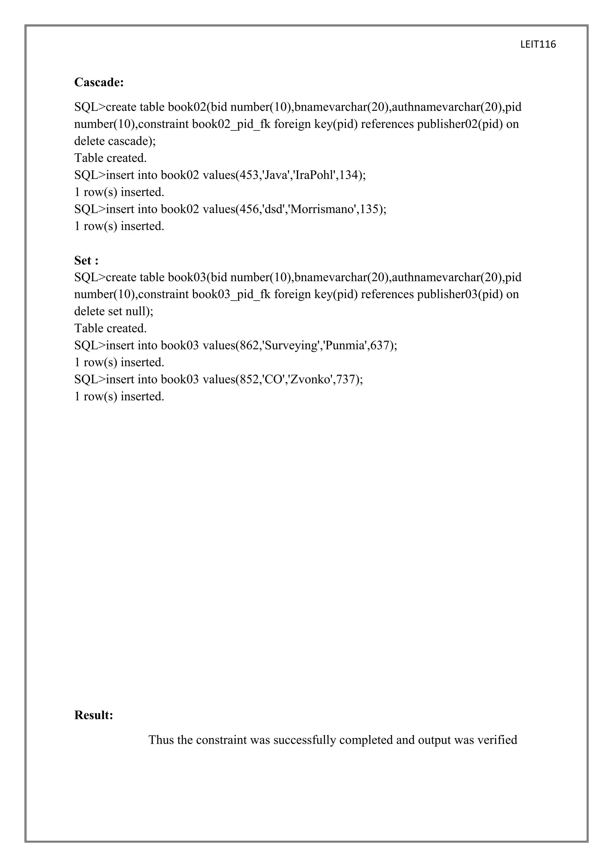 LEIT116

Cascade:
SQL>create table book02(bid number(10),bnamevarchar(20),authnamevarchar(20),pid
number(10),constraint book02_pid_fk foreign key(pid) references publisher02(pid) on
delete cascade);
Table created.
SQL>insert into book02 values(453,'Java','IraPohl',134);
1 row(s) inserted.
SQL>insert into book02 values(456,'dsd','Morrismano',135);
1 row(s) inserted.
Set :
SQL>create table book03(bid number(10),bnamevarchar(20),authnamevarchar(20),pid
number(10),constraint book03_pid_fk foreign key(pid) references publisher03(pid) on
delete set null);
Table created.
SQL>insert into book03 values(862,'Surveying','Punmia',637);
1 row(s) inserted.
SQL>insert into book03 values(852,'CO','Zvonko',737);
1 row(s) inserted.

Result:
Thus the constraint was successfully completed and output was verified

 
