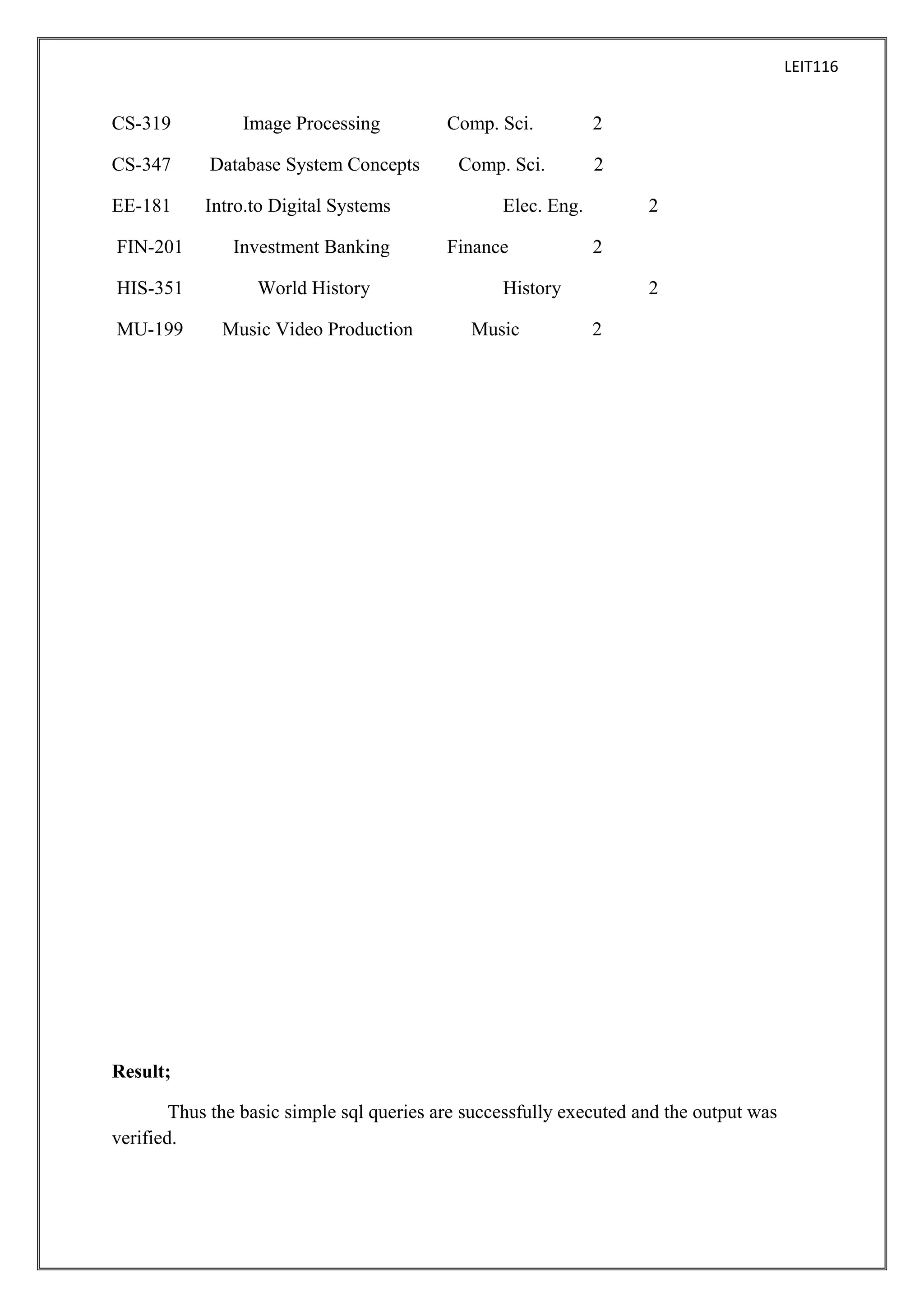 LEIT116

CS-319

Image Processing

CS-347

Database System Concepts

EE-181

Intro.to Digital Systems

FIN-201

Investment Banking

HIS-351

World History

MU-199

Music Video Production

Comp. Sci.
Comp. Sci.

2
2

Elec. Eng.
Finance

2
2

History
Music

2
2

Result;
Thus the basic simple sql queries are successfully executed and the output was
verified.

 