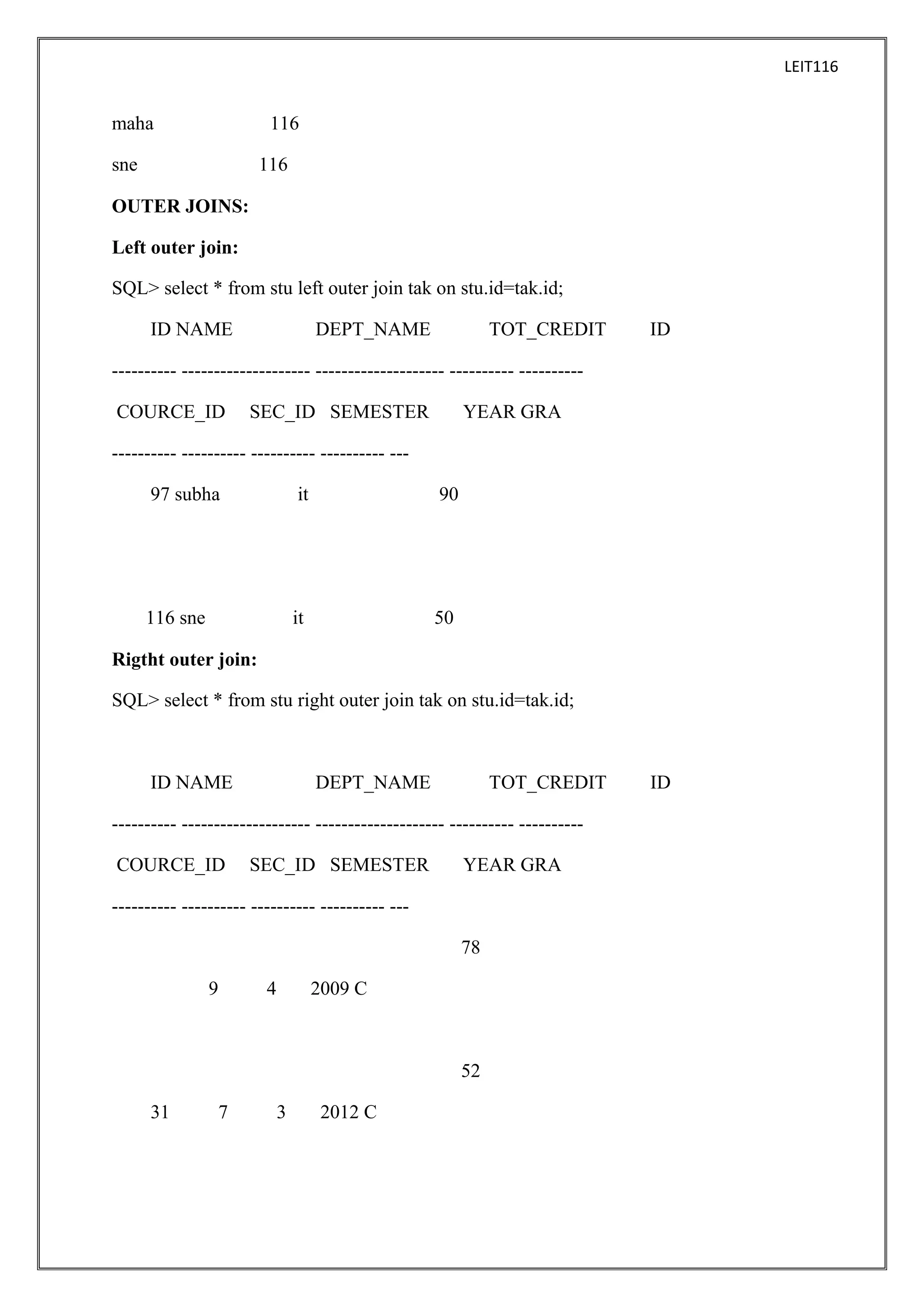 LEIT116

maha

116

sne

116

OUTER JOINS:
Left outer join:
SQL> select * from stu left outer join tak on stu.id=tak.id;
ID NAME

DEPT_NAME

TOT_CREDIT

ID

---------- -------------------- -------------------- ---------- ---------COURCE_ID

SEC_ID SEMESTER

YEAR GRA

---------- ---------- ---------- ---------- --97 subha

it

90

116 sne

it

50

Rigtht outer join:
SQL> select * from stu right outer join tak on stu.id=tak.id;

ID NAME

DEPT_NAME

TOT_CREDIT

---------- -------------------- -------------------- ---------- ---------COURCE_ID

SEC_ID SEMESTER

YEAR GRA

---------- ---------- ---------- ---------- --78
9

4

2009 C

52
31

7

3

2012 C

ID

 