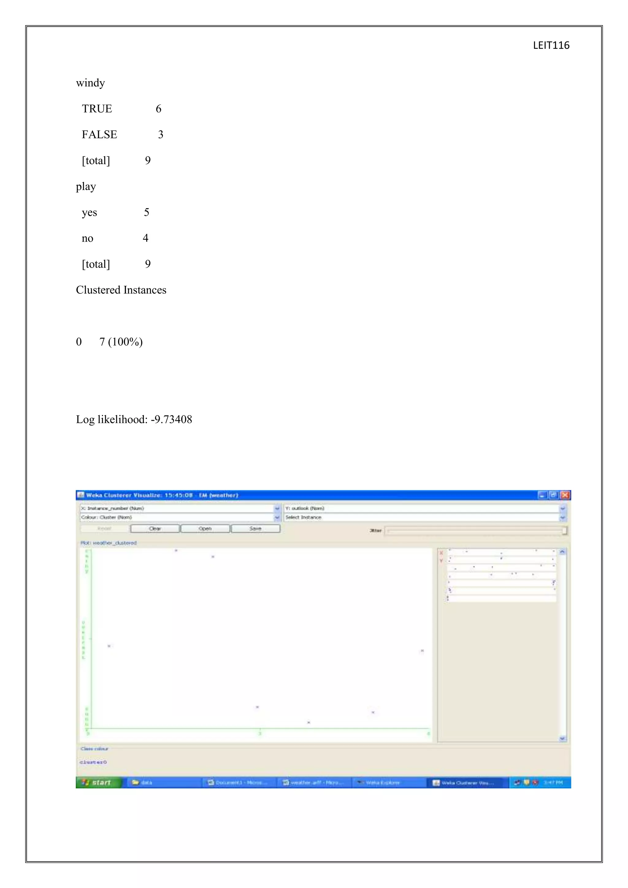 LEIT116
windy
TRUE

6

FALSE

3

[total]

9

play
yes

5

no

4

[total]

9

Clustered Instances

0

7 (100%)

Log likelihood: -9.73408

 