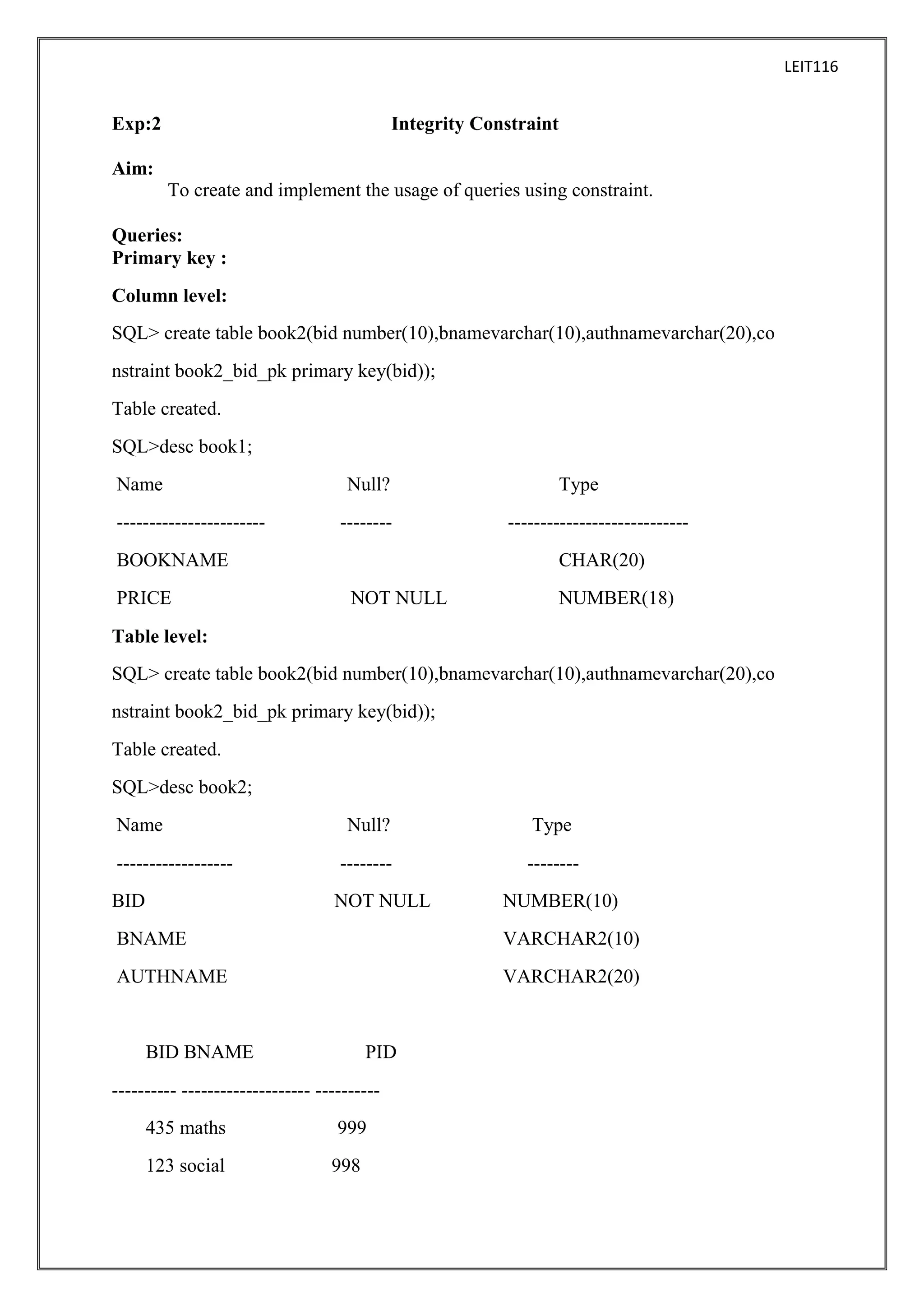LEIT116

Exp:2

Integrity Constraint

Aim:
To create and implement the usage of queries using constraint.
Queries:
Primary key :
Column level:
SQL> create table book2(bid number(10),bnamevarchar(10),authnamevarchar(20),co
nstraint book2_bid_pk primary key(bid));
Table created.
SQL>desc book1;
Name
-----------------------

Null?
--------

BOOKNAME
PRICE

Type
---------------------------CHAR(20)

NOT NULL

NUMBER(18)

Table level:
SQL> create table book2(bid number(10),bnamevarchar(10),authnamevarchar(20),co
nstraint book2_bid_pk primary key(bid));
Table created.
SQL>desc book2;
Name
-----------------BID

Null?

Type

--------

--------

NOT NULL

NUMBER(10)

BNAME

VARCHAR2(10)

AUTHNAME

VARCHAR2(20)

BID BNAME

PID

---------- -------------------- ---------435 maths
123 social

999
998

 