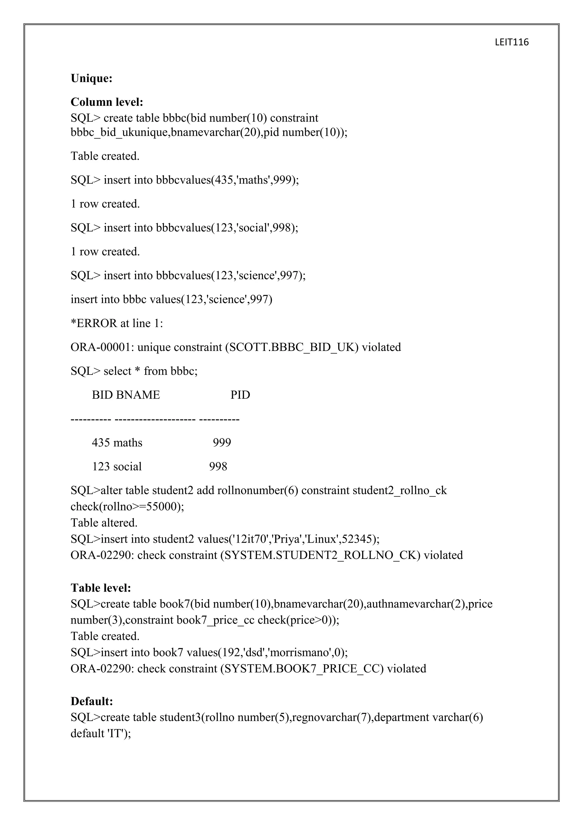 LEIT116

Unique:
Column level:
SQL> create table bbbc(bid number(10) constraint
bbbc_bid_ukunique,bnamevarchar(20),pid number(10));
Table created.
SQL> insert into bbbcvalues(435,'maths',999);
1 row created.
SQL> insert into bbbcvalues(123,'social',998);
1 row created.
SQL> insert into bbbcvalues(123,'science',997);
insert into bbbc values(123,'science',997)
*ERROR at line 1:
ORA-00001: unique constraint (SCOTT.BBBC_BID_UK) violated
SQL> select * from bbbc;
BID BNAME

PID

---------- -------------------- ---------435 maths
123 social

999
998

SQL>alter table student2 add rollnonumber(6) constraint student2_rollno_ck
check(rollno>=55000);
Table altered.
SQL>insert into student2 values('12it70','Priya','Linux',52345);
ORA-02290: check constraint (SYSTEM.STUDENT2_ROLLNO_CK) violated
Table level:
SQL>create table book7(bid number(10),bnamevarchar(20),authnamevarchar(2),price
number(3),constraint book7_price_cc check(price>0));
Table created.
SQL>insert into book7 values(192,'dsd','morrismano',0);
ORA-02290: check constraint (SYSTEM.BOOK7_PRICE_CC) violated
Default:
SQL>create table student3(rollno number(5),regnovarchar(7),department varchar(6)
default 'IT');

 