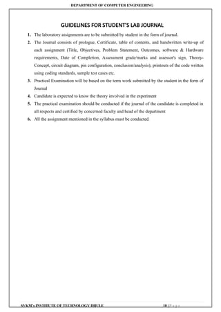 DEPARTMENT OF COMPUTER ENGINEERING
SVKM’s INSTITUTE OF TECHNOLOGY DHULE 10 | P a g e
GUIDELINES FOR STUDENT'S LAB JOURNAL
1. The laboratory assignments are to be submitted by student in the form of journal.
2. The Journal consists of prologue, Certificate, table of contents, and handwritten write-up of
each assignment (Title, Objectives, Problem Statement, Outcomes, software & Hardware
requirements, Date of Completion, Assessment grade/marks and assessor's sign, Theory-
Concept, circuit diagram, pin configuration, conclusion/analysis), printouts of the code written
using coding standards, sample test cases etc.
3. Practical Examination will be based on the term work submitted by the student in the form of
Journal
4. Candidate is expected to know the theory involved in the experiment
5. The practical examination should be conducted if the journal of the candidate is completed in
all respects and certified by concerned faculty and head of the department
6. All the assignment mentioned in the syllabus must be conducted.
 
