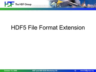 HDF5 File Format Extension

October 15, 2008

HDF and HDF-EOS Workshop XII

12

 