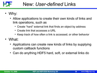 New: User-defined Links
• Why:
• Allow applications to create their own kinds of links and
link operations, such as
• Create “hard” external link that finds an object by address
• Create link that accesses a URL
• Keep track of how often a link is accessed, or other behavior

• What:
• Applications can create new kinds of links by supplying
custom callback functions
• Can do anything HDF5 hard, soft, or external links do

October 15, 2008

HDF and HDF-EOS Workshop XII

38

 