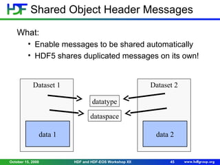 Shared Object Header Messages
What:
• Enable messages to be shared automatically
• HDF5 shares duplicated messages on its own!

Dataset 1

Dataset 2
datatype
dataspace

data 1

October 15, 2008

data 2

HDF and HDF-EOS Workshop XII

45

 