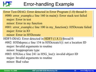 Error-handling Example
Error Test-DIAG: Error detected in Error Program (1.0) thread 0:
#000: error_example.c line 160 in main(): Error stack test failed
major: Error in test
minor: Error in my function
#001: error_example.c line 100 in my_function(): H5Dcreate failed
major: Error in IO
minor: Error in H5Dcreate
HDF5-DIAG: Error detected in HDF5 (1.8.1) thread 0:
#002: H5Ddeprec.c line 154 in H5Dcreate1(): not a location ID
major: Invalid arguments to routine
minor: Inappropriate type
#003: H5Gloc.c line 241 in H5G_loc(): invalid object ID
major: Invalid arguments to routine
minor: Bad value
October 15, 2008

HDF and HDF-EOS Workshop XII

53

 