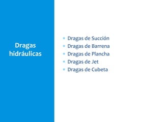 Dragas
hidráulicas
 Dragas de Succión
 Dragas de Barrena
 Dragas de Plancha
 Dragas de Jet
 Dragas de Cubeta
 