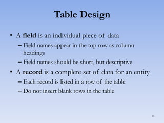 Table Design
• A field is an individual piece of data
– Field names appear in the top row as column
headings
– Field names should be short, but descriptive

• A record is a complete set of data for an entity
– Each record is listed in a row of the table
– Do not insert blank rows in the table

10

 