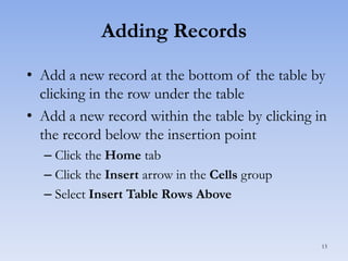 Adding Records
• Add a new record at the bottom of the table by
clicking in the row under the table
• Add a new record within the table by clicking in
the record below the insertion point
– Click the Home tab
– Click the Insert arrow in the Cells group
– Select Insert Table Rows Above

13

 