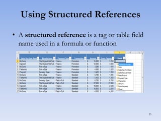 Using Structured References
• A structured reference is a tag or table field
name used in a formula or function

23

 