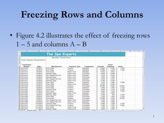 Freezing Rows and Columns
• Figure 4.2 illustrates the effect of freezing rows
1 – 5 and columns A – B

4

 