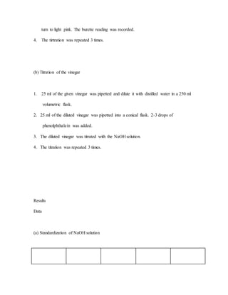 turn to light pink. The burette reading was recorded.
4. The tirtration was repeated 3 times.
(b) Titration of the vinegar
1. 25 ml of the given vinegar was pipetted and dilute it with distilled water in a 250 ml
volumetric flask.
2. 25 ml of the diluted vinegar was pipetted into a conical flask. 2-3 drops of
phenolphthalein was added.
3. The diluted vinegar was titrated with the NaOH solution.
4. The titration was repeated 3 times.
Results
Data
(a) Standardization of NaOH solution
 