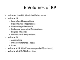 6 Volumes of BP
• Volumes I and II: Medicinal Substances
• Volume III:
– Formulated Preparations
– Blood related Preparations
– Immunological Products
– Radiopharmaceutical Preparations
– Surgical Materials
– Homeopathic Preparations
• Volume IV:
– Appendices
– Infrared Reference Spectra
– Index
• Volume V: British Pharmacopoeia (Veterinary)
• Volume VI (CD-ROM version)
 