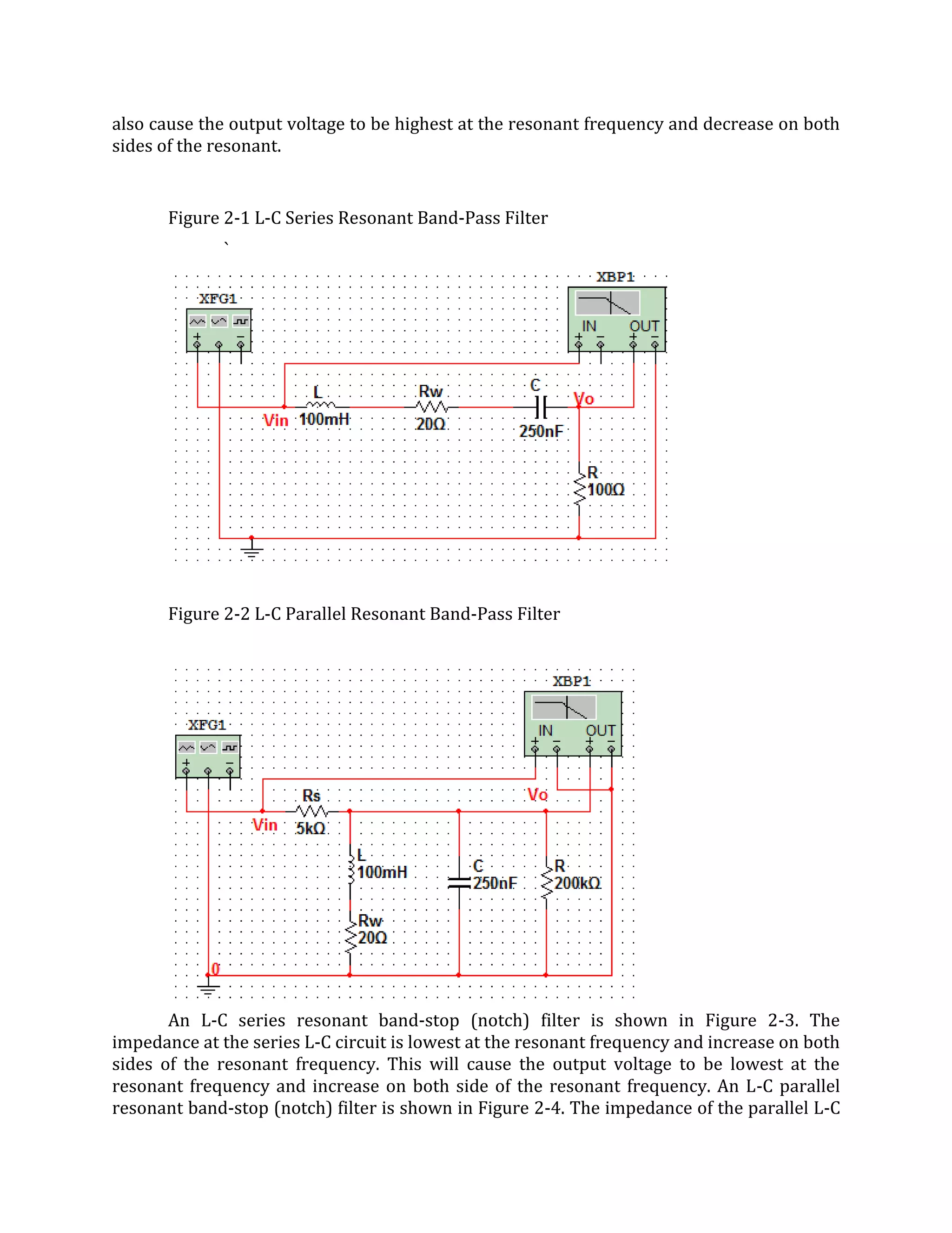 also cause the output voltage to be highest at the resonant frequency and decrease on both
sides of the resonant.


       Figure 2-1 L-C Series Resonant Band-Pass Filter
              `




       Figure 2-2 L-C Parallel Resonant Band-Pass Filter




       An L-C series resonant band-stop (notch) filter is shown in Figure 2-3. The
impedance at the series L-C circuit is lowest at the resonant frequency and increase on both
sides of the resonant frequency. This will cause the output voltage to be lowest at the
resonant frequency and increase on both side of the resonant frequency. An L-C parallel
resonant band-stop (notch) filter is shown in Figure 2-4. The impedance of the parallel L-C
 
