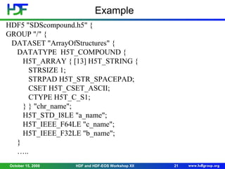 Example
HDF5 "SDScompound.h5" {
GROUP "/" {
DATASET "ArrayOfStructures" {
DATATYPE H5T_COMPOUND {
H5T_ARRAY { [13] H5T_STRING {
STRSIZE 1;
STRPAD H5T_STR_SPACEPAD;
CSET H5T_CSET_ASCII;
CTYPE H5T_C_S1;
} } "chr_name";
H5T_STD_I8LE "a_name";
H5T_IEEE_F64LE "c_name";
H5T_IEEE_F32LE "b_name";
}
…..
October 15, 2008

HDF and HDF-EOS Workshop XII

21

 