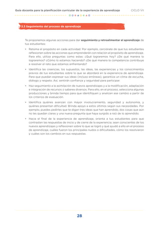 28
CICLO VII
Guía docente para la planificación curricular de la experiencia de aprendizaje
3.3 Seguimiento del proceso de aprendizaje
Te proponemos algunas acciones para dar seguimiento y retroalimentar el aprendizaje de
tus estudiantes:
•	 	
Retoma el propósito en cada actividad. Por ejemplo, cerciórate de que tus estudiantes
reflexionen sobre las acciones que emprenderán con relación al propósito de aprendizaje.
Para ello, utiliza preguntas como estas: ¿Qué lograremos hoy? ¿De qué manera lo
lograremos? ¿Cómo lo estamos haciendo? ¿De qué manera la competencia contribuye
a resolver el reto que estamos enfrentando?
•	 	
Identifica las creencias, los supuestos, las ideas, las experiencias y los conocimientos
previos de tus estudiantes sobre lo que se abordará en la experiencia de aprendizaje.
Para que puedan expresar sus ideas (incluso erróneas), garantiza un clima de escucha,
diálogo y respeto. Así, sentirán confianza y seguridad para participar.
•	 	
Haz seguimiento a la asimilación de nuevos aprendizajes y a la modificación, adaptación
e integración de recursos o saberes diversos. Para ello, en el proceso, selecciona algunas
producciones y brinda tiempo para que identifiquen y analicen ese cambio a partir de
los criterios de evaluación.
•	 	
Identifica quiénes avanzan con mayor involucramiento, seguridad y autonomía, y
quiénes presentan dificultad. Brinda apoyo a estos últimos según sus necesidades. Por
ejemplo, puedes pedirles que te digan tres ideas que han aprendido, dos cosas que aún
no les quedan claras y una nueva pregunta que haya surgido a raíz de lo aprendido.
•	 Hacia el final de la experiencia de aprendizaje, orienta a tus estudiantes para que
contrasten las respuestas de inicio y de cierre de la experiencia; sean conscientes de los
nuevos aprendizajes y reflexionen sobre lo que se logró y qué ayudó a ello en el proceso
de aprendizaje, cuáles fueron los principales nudos o dificultades, cómo los resolvieron
y cuáles son los cambios en sus respuestas.
 