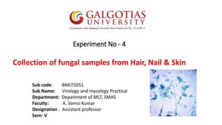 Experiment No - 4
Collection of fungal samples from Hair, Nail & Skin
Sub code: BMLT5051
Sub Name: Virology and mycology Practical
Department: Department of MLT, SMAS
Faculty: A. Vamsi Kumar
Designation : Assistant professor
Sem- V
 