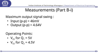 Measurements (Part B-i)
Maximum output signal swing :
• Input (p-p) = 46mV
• Output (p-p) = 4.64V
Operating Points:
• VCE for Q1 = 5V
• VCE for Q2 = 4.5V
 