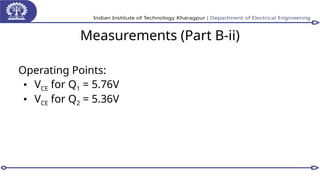Measurements (Part B-ii)
Operating Points:
• VCE for Q1 = 5.76V
• VCE for Q2 = 5.36V
 
