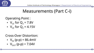 Measurements (Part C-i)
Operating Point :
• VCE for Q3 = 7.8V
• VCE for Q2 = 4.15V
Cross-Over Distortion:
• VIN (p-p) = 86.4mV
• VOUT (p-p) = 7.04V
 