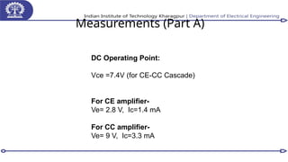 Measurements (Part A)
DC Operating Point:
Vce =7.4V (for CE-CC Cascade)
For CE amplifier-
Ve= 2.8 V, Ic=1.4 mA
For CC amplifier-
Ve= 9 V, Ic=3.3 mA
 