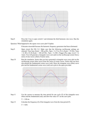 Step 8         Press the C key to open switch C and eliminate the third harmonic sine wave. Run the
               simulation again.
Question: What happened to the square wave curve plot? Explain.
               It became sinusoidal because the harmonic frequency generators had been eliminated.
Step 9         Open circuit file FIG 5-2. Make sure that the following oscilloscope settings are
               selected: Time base (Scale = 200 µs/Div, Xpos = 0, Y/t), Ch A (Scale = 5V/Div, Ypos
               = 0, DC), Ch B (Scale = 100 mV/Div, Ypos = 0, DC), Trigger (Pos edge, Level = 0,
               Auto). You will generate a triangular wave curve plot on the oscilloscope screen from a
               series of sine waves called a Fourier series.
Step 10        Run the simulation. Notice that you have generated a triangular wave curve plot on the
               oscilloscope screen (blue curve) from the series of cosine waves. Notice that you have
               also plotted the fundamental cosine wave (red). Draw the triangular wave (blue) curve
               plot and the fundamental cosine wave (red) curve plot in the space provided.




Step 11        Use the cursors to measure the time period for one cycle (T) of the triangular wave
               (blue) and the fundamental (red), and show the value of T on the curve plot.
               T = 1.00 ms
Step 12        Calculate the frequency (f) of the triangular wave from the time period (T).
               f = 1 kHz
 