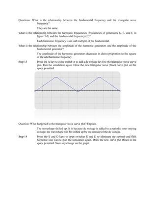 Questions: What is the relationship between the fundamental frequency and the triangular wave
              frequency?
                They are the same.
What is the relationship between the harmonic frequencies (frequencies of generators f 3, f5, and f7 in
                figure 5-2) and the fundamental frequency (f1)?
                Each harmonic frequency is an odd multiple of the fundamental.
What is the relationship between the amplitude of the harmonic generators and the amplitude of the
                fundamental generator?
                The amplitude of the harmonic generators decreases in direct proportion to the square
                of the odd harmonic frequency
Step 13         Press the A key to close switch A to add a dc voltage level to the triangular wave curve
                plot. Run the simulation again. Draw the new triangular wave (blue) curve plot on the
                space provided.




Question: What happened to the triangular wave curve plot? Explain.
                The waveshape shifted up. It is because dc voltage is added to a periodic time varying
                voltage; the waveshape will be shifted up by the amount of the dc voltage.
Step 14         Press the E and D keys to open switches E and D to eliminate the seventh and fifth
                harmonic sine waves. Run the simulation again. Draw the new curve plot (blue) in the
                space provided. Note any change on the graph.
 