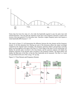 A




                                       f=1/to                                              2/to                           f




    Notice than the lower the value of to the wider the bandwidth required to pass the pulse train with
    minimal distortion. Also note that the separation of the lines in the frequency spectrum is equal to the
    inverse of the time period (1/T) of the pulse train. Therefore a higher frequency pulse train requires a
    wider bandwidth (BW) because f = 1/T


    The circuit in Figure 5-3 will demonstrate the difference between the time domain and the frequency
    domain. It will also determine how filtering out some of the harmonics effects the output waveshape
    compared to the original3 input waveshape. The frequency generator (XFG1) will generate a periodic
    pulse waveform applied to the input of the filter (5). At the output of the filter (70, the oscilloscope will
    display the periodic pulse waveform in the time domain, and the spectrum analyzer will display the
    frequency spectrum of the periodic pulse waveform in the frequency domain. The Bode plotter will
    display the Bode plot of the filter so that the filter bandwidth can be measured. The filter is a 2-pole
    low-pass Butterworth active filter using a 741 op-amp.
    Figure 5-3 Time Domain and Frequency Domain
                XFG1
                                                                                   XSC1
                                       C1                                                                  XSA1
                                                                                               Ext T rig
                                                                                                       +
                                      2.5nF 50%                                                       _

                                      Key=A                                A
                                                                               _
                                                                                       B
                                                                                           _
                                                                                                                   IN T
                                                                       +           +
                    R1         R2                   741

                   30kΩ       30kΩ

                         42
                    OPAMP_3T_VIRTUAL
                           0
                           6
                           0
                           31
                                                                R3
                                    C2                                                     R4
                                                                5.56kΩ
                                                                                           10kΩ
                                                                                                                XBP1
                                     2.5nF 50%
                                     Key=A
                                                                R5                                         IN      OUT
                                                                10kΩ
 