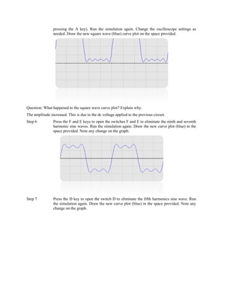 pressing the A key). Run the simulation again. Change the oscilloscope settings as
                needed. Draw the new square wave (blue) curve plot on the space provided.




Question: What happened to the square wave curve plot? Explain why.
The amplitude increased. This is due to the dc voltage applied to the previous circuit.
Step 6          Press the F and E keys to open the switches F and E to eliminate the ninth and seventh
                harmonic sine waves. Run the simulation again. Draw the new curve plot (blue) in the
                space provided. Note any change on the graph.




Step 7          Press the D key to open the switch D to eliminate the fifth harmonics sine wave. Run
                the simulation again. Draw the new curve plot (blue) in the space provided. Note any
                change on the graph.
 