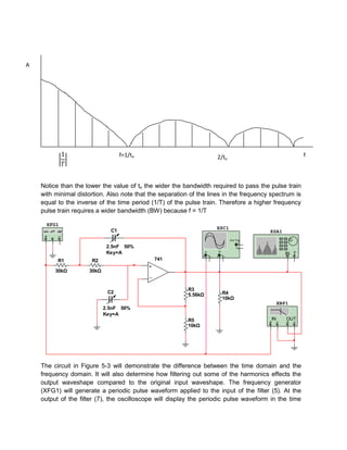 A




                                   f=1/to                                    2/to                                   f



    Notice than the lower the value of to the wider the bandwidth required to pass the pulse train
    with minimal distortion. Also note that the separation of the lines in the frequency spectrum is
    equal to the inverse of the time period (1/T) of the pulse train. Therefore a higher frequency
    pulse train requires a wider bandwidth (BW) because f = 1/T

      XFG1
                                                                             XSC1
                              C1                                                                     XSA1
                                                                                         Ext T rig
                                                                                                 +
                             2.5nF 50%                                                          _

                             Key=A                                   A
                                                                         _
                                                                                 B
                                                                                     _
                                                                                                             IN T
                                                                 +           +
          R1          R2                     741

         30kΩ        30kΩ

               42
          OPAMP_3T_VIRTUAL
                 0
                 6
                 0
                 31
                                                          R3
                          C2                                                         R4
                                                          5.56kΩ
                                                                                     10kΩ
                                                                                                          XBP1
                            2.5nF 50%
                            Key=A
                                                          R5                                         IN      OUT
                                                          10kΩ




    The circuit in Figure 5-3 will demonstrate the difference between the time domain and the
    frequency domain. It will also determine how filtering out some of the harmonics effects the
    output waveshape compared to the original input waveshape. The frequency generator
    (XFG1) will generate a periodic pulse waveform applied to the input of the filter (5). At the
    output of the filter (7), the oscilloscope will display the periodic pulse waveform in the time
 