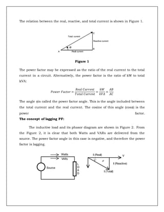 The relation between the real, reactive, and total current is shown in Figure 1.
Figure 1
The power factor may be expressed as the ratio of the real current to the total
current in a circuit. Alternatively, the power factor is the ratio of kW to total
kVA:
𝑃𝑜𝑤𝑒𝑟 𝐹𝑎𝑐𝑡𝑜𝑟 =
𝑅𝑒𝑎𝑙 𝐶𝑢𝑟𝑟𝑒𝑛𝑡
𝑇𝑜𝑡𝑎𝑙 𝐶𝑢𝑟𝑟𝑒𝑛𝑡
=
𝑘𝑊
𝑘𝑉𝐴
=
𝐴𝐵
𝐴𝐶
The angle is called the power factor angle. This is the angle included between
the total current and the real current. The cosine of this angle (cos) is the
power factor.
The concept of lagging PF:
The inductive load and its phasor diagram are shown in Figure 2. From
the Figure 2, it is clear that both Watts and VARs are delivered from the
source. The power factor angle in this case is negative, and therefore the power
factor is lagging.
 