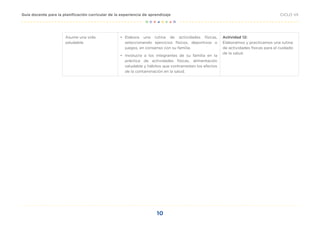 10
CICLO VII
Guía docente para la planificación curricular de la experiencia de aprendizaje
Asume una vida
saludable.
• Elabora una rutina de actividades físicas,
seleccionando ejercicios físicos, deportivos o
juegos, en consenso con su familia.
• Involucra a los integrantes de su familia en la
práctica de actividades físicas, alimentación
saludable y hábitos que contrarresten los efectos
de la contaminación en la salud.
Actividad 12:
Elaboramos y practicamos una rutina
de actividades físicas para el cuidado
de la salud.
 