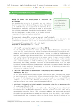 11
CICLO VII
Guía docente para la planificación curricular de la experiencia de aprendizaje
e. Secuencia de actividades sugeridas
Para todos los casos,
revisa los recursos
que se encuentran
vinculados con las
actividades.
Antes de iniciar: Nos organizamos y conocemos las
actividades
Los estudiantes conocerán la situación que los motivará
durante la experiencia de aprendizaje, así como el propósito
y el producto final que evidenciará el desarrollo de sus
competencias. También, conocerán la ruta de actividades
que seguirán para lograr el propósito, planificarán el tiempo
que emplearán para cada actividad en un horario semanal y
reconocerán la importancia de su portafolio.
Analizamos la problemática ambiental respecto a las festividades
En estas primeras actividades, los estudiantes conocerán las diversas situaciones de
contaminación ambiental que ocurren en el contexto de una festividad comunal.
2
Programas de TV vinculados: 1, 2, 3, 4, 5, 6, 8, 9, 12 y 30
Programas de radio vinculados: 1, 2, 3, 4, 5 y 8
• Actividad 1: Leemos un ensayo argumentativo. (COM)
En esta actividad, analizarán un ensayo que aborda el tema del respeto al derecho de
autor. Para ello, primero revisarán el título para inferir ideas sobre su contenido. Luego,
leerán el texto empleando diversas estrategias, como el subrayado, el parafraseo y el
resumen. De este modo, podrán responder a las preguntas que buscan consolidar la
información leída y reflexionar sobre el contenido del ensayo. Después, complementarán
el análisis de este tipo de texto leyendo información sobre él. Así, sabrán que los ensayos
dan a conocer una postura frente a un tema, y que presentan una tesis y argumentos
respaldados por fuentes confiables, las cuales se citarán empleando el estilo APA para
dar validez a la idea que defienden. Finalmente, identificarán cuál es la postura que tiene
el autor del ensayo analizado considerando la estructura de este tipo textual (título,
tesis, argumentos y conclusión).
• Actividad 2: Analizamos el impacto de la contaminación del aire en nuestra
comunidad. (CC. SS.)
En esta actividad, los estudiantes construirán explicaciones sobre el impacto que tienen
las festividades en la contaminación del aire de su comunidad. Para ello, identificarán
las causas de este tipo de contaminación en su comunidad, así como las actividades
cotidianas que la incrementan. Además, analizarán algunos casos relacionados con la
contaminación del aire durante el desarrollo de festividades.
• Actividad 3: Analizamos la influencia de las festividades culturales en la construcción
de nuestra identidad. (DPCC)
En esta actividad, analizarán qué son las festividades culturales y cuál es su relación con
la formación de la identidad de las personas. Para ello, primero dialogarán sobre lo que
entienden por festividad cultural y qué características tienen esas festividades, esto con
el fin de arribar a una definición y caracterización de dicho concepto. A partir de ello,
leerán unos textos que, a través del análisis de algunas fiestas, abordan la relación entre
2
Para revisar las descripciones de los programas de TV y radio, consulte el anexo de la presente guía.
 
