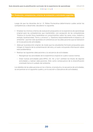 20
CICLO VII
Guía docente para la planificación curricular de la experiencia de aprendizaje
d. Producción, competencias, criterios de evaluación y actividades sugeridas
Luego de que los docentes de la I. E. Mateo Pumacahua determinaron cuáles serían las
competencias a desarrollar, decidieron lo siguiente:
• Emplear los mismos criterios de evaluación propuestos en la experiencia de aprendizaje
original para las competencias que mantendrán, con excepción de las competencias
“Explica el mundo físico basándose en conocimientos sobre los seres vivos, materia y
energía, biodiversidad, Tierra y universo” y “Gestiona responsablemente el espacio y el
ambiente”, que han sido ajustados en coherencia con las adecuaciones que se realizaron
en la secuencia de actividades.
• Adecuar la producción original, de modo que los estudiantes formulen propuestas para
mitigar el impacto de la contaminación del aire y el suelo incluyendo información sobre
esta problemática.
• Realizar las siguientes adecuaciones a la secuencia de actividades:
– Reorganizar las actividades de la experiencia original en cuatro nuevos tramos.
– Crear nuevas actividades para DPCC, CC. SS. y CyT, cambiar los títulos de algunas
actividades y realizar adecuaciones. Esto como consecuencia de la diversificación
orientada hacia el cuidado del ambiente.
Los detalles de las adecuaciones en los criterios, el producto y la secuencia de actividades,
se encuentran en el siguiente cuadro y en la sección e (Secuencia de actividades).
 