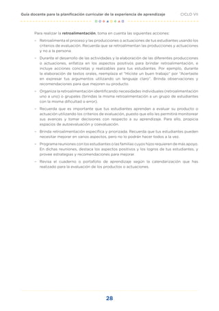 28
CICLO VII
Guía docente para la planificación curricular de la experiencia de aprendizaje
Para realizar la retroalimentación, toma en cuenta las siguientes acciones:
– Retroalimenta el proceso y las producciones o actuaciones de tus estudiantes usando los
criterios de evaluación. Recuerda que se retroalimentan las producciones y actuaciones
y no a la persona.
– Durante el desarrollo de las actividades y la elaboración de las diferentes producciones
o actuaciones, enfatiza en los aspectos positivos para brindar retroalimentación, e
incluye acciones concretas y realizables para tus estudiantes. Por ejemplo, durante
la elaboración de textos orales, reemplaza el “Hiciste un buen trabajo” por “Acertaste
en expresar tus argumentos utilizando un lenguaje claro”. Brinda observaciones y
recomendaciones para que mejoren su producto.
– Organiza la retroalimentación identificando necesidades individuales (retroalimentación
uno a uno) o grupales (brindas la misma retroalimentación a un grupo de estudiantes
con la misma dificultad o error).
– Recuerda que es importante que tus estudiantes aprendan a evaluar su producto o
actuación utilizando los criterios de evaluación, puesto que ello les permitirá monitorear
sus avances y tomar decisiones con respecto a su aprendizaje. Para ello, propicia
espacios de autoevaluación y coevaluación.
– Brinda retroalimentación específica y priorizada. Recuerda que tus estudiantes pueden
necesitar mejorar en varios aspectos, pero no lo podrán hacer todos a la vez.
– Programa reuniones con los estudiantes o las familias cuyos hijos requieren de más apoyo.
En dichas reuniones, destaca los aspectos positivos y los logros de tus estudiantes, y
provee estrategias y recomendaciones para mejorar.
– Revisa el cuaderno o portafolio de aprendizaje según la calendarización que has
realizado para la evaluación de los productos o actuaciones.
 