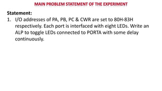 Statement:
1. I/O addresses of PA, PB, PC & CWR are set to 80H-83H
respectively. Each port is interfaced with eight LEDs. Write an
ALP to toggle LEDs connected to PORTA with some delay
continuously.