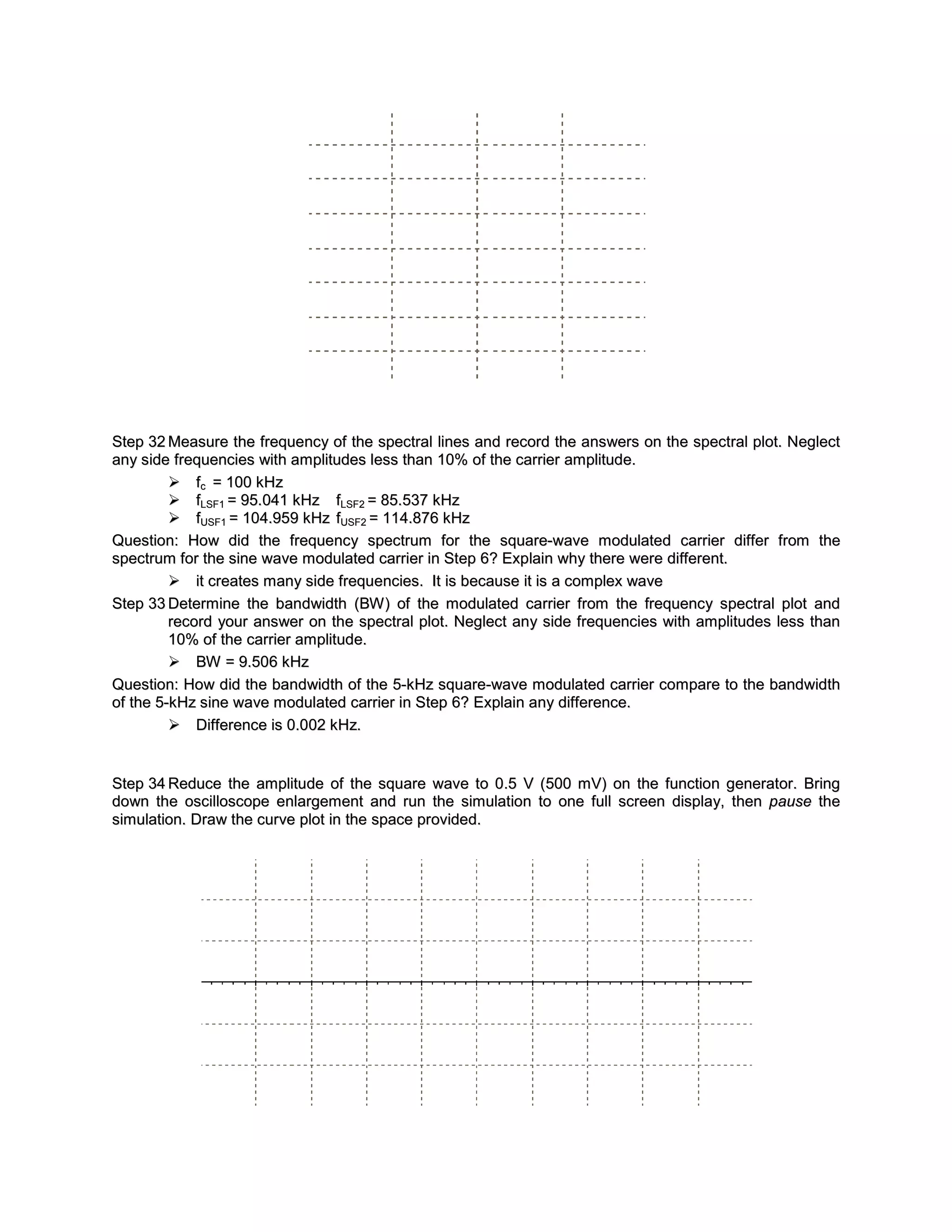 Step 32 Measure the frequency of the spectral lines and record the answers on the spectral plot. Neglect
any side frequencies with amplitudes less than 10% of the carrier amplitude.
          fc = 100 kHz
          fLSF1 = 95.041 kHz fLSF2 = 85.537 kHz
          fUSF1 = 104.959 kHz fUSF2 = 114.876 kHz
Question: How did the frequency spectrum for the square-wave modulated carrier differ from the
spectrum for the sine wave modulated carrier in Step 6? Explain why there were different.
          it creates many side frequencies. It is because it is a complex wave
Step 33 Determine the bandwidth (BW ) of the modulated carrier from the frequency spectral plot and
         record your answer on the spectral plot. Neglect any side frequencies with amplitudes less than
         10% of the carrier amplitude.
          BW = 9.506 kHz
Question: How did the bandwidth of the 5-kHz square-wave modulated carrier compare to the bandwidth
of the 5-kHz sine wave modulated carrier in Step 6? Explain any difference.
          Difference is 0.002 kHz.


Step 34 Reduce the amplitude of the square wave to 0.5 V (500 mV) on the function generator. Bring
down the oscilloscope enlargement and run the simulation to one full screen display, then pause the
simulation. Draw the curve plot in the space provided.
 