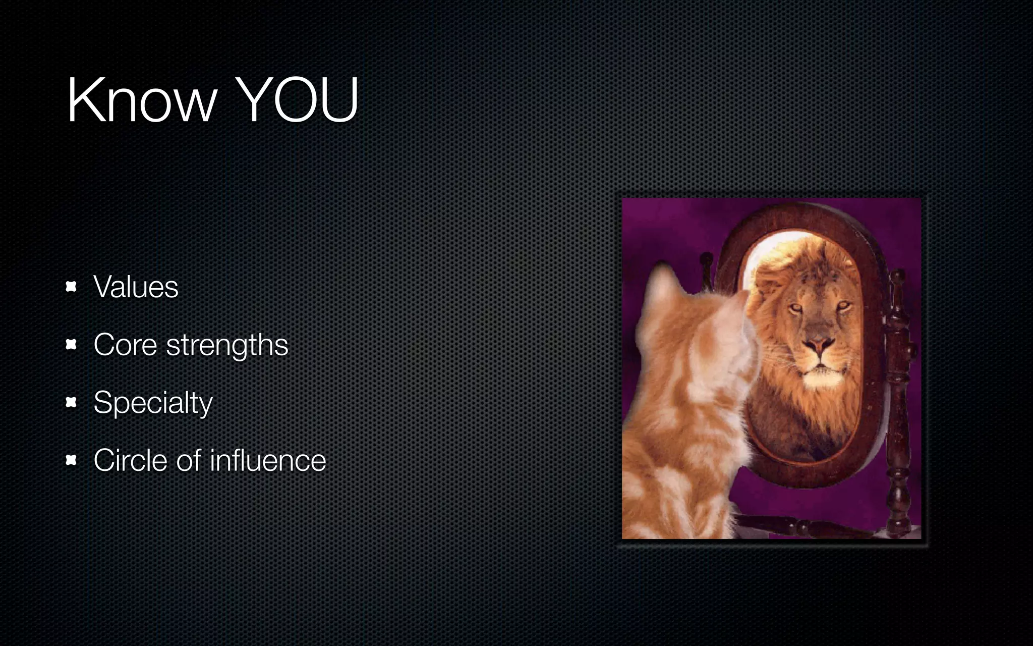 Know YOU

Values
Core strengths
Specialty
Circle of inﬂuence
 