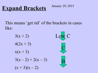 Expand Brackets
January 29, 2015
This means ‘get rid’ of the brackets in cases
like:
3(x + 2)
4(2x + 3)
x(x + 3)
3(x – 2) + 2(x – 3)
(x + 3)(x – 2)
Low C
C
B
 
