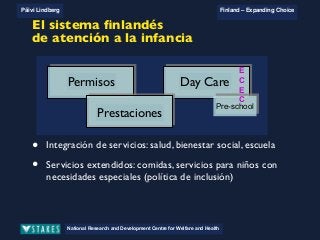 National Research and Development Centre for Welfare and Health
Päivi Lindberg Finland – Expanding Choice
Finland
Expanding Choice
Daycare Trust
Annual Conference
2004
National Research and Development Centre for Welfare and Health
Päivi Lindberg Finland – Expanding Choice
Finnish ECEC system
in a nutshell 1/2
• Universal access to services
• Services affordable for families
• Parental choice: services and support
• Equal support for families
• Municipal variation in services
National Research and Development Centre for Welfare and Health
Päivi Lindberg Finland – Expanding Choice
Finnish ECEC system
in a nutshell 1/2
• Universal access to services
• Services affordable for families
• Parental choice: services and support
• Equal support for families
• Municipal variation in services
National Research and Development Centre for Welfare and Health
Päivi Lindberg Finland – Expanding Choice
Finnish ECEC system
in a nutshell 1/2
• Universal access to services
• Services affordable for families
• Parental choice: services and support
• Equal support for families
• Municipal variation in services
National Research and Development Centre for Welfare and Health
Päivi Lindberg Finland – Expanding Choice
Finnish ECEC system
in a nutshell 2/2
LeavesLeaves Day careDay care
AllowancesAllowances
Pre-schoolPre-school
E
C
E
C
Integration of services: health care, child welfare, school…
Expanded services: meals, services for children with special
needs (inclusion policy)….
El sistema ﬁnlandés
de atención a la infancia
• Integración de servicios: salud, bienestar social, escuela
• Servicios extendidos: comidas, servicios para niños con
necesidades especiales (política de inclusión)
Permisos
Prestaciones
Day Care
 