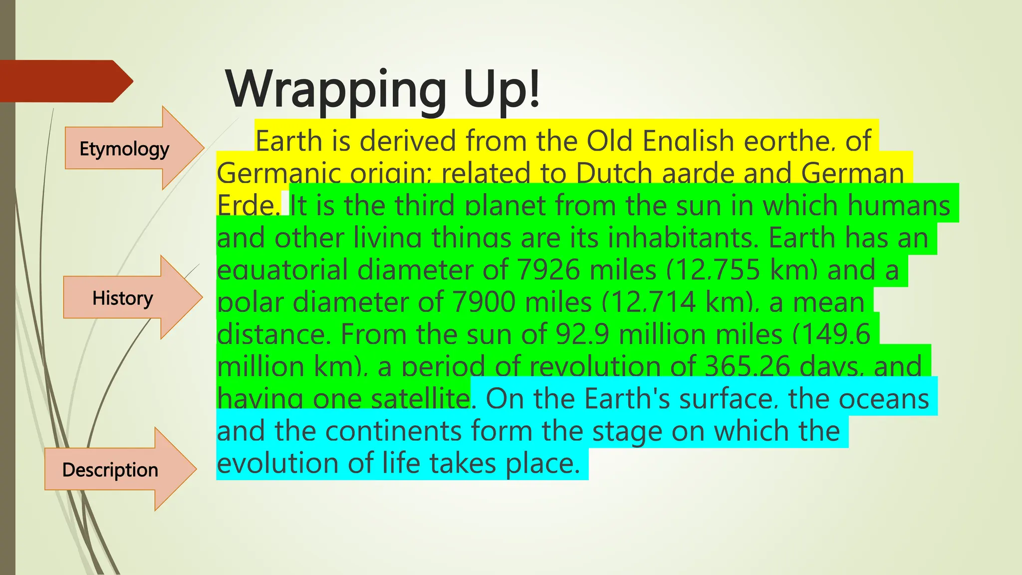 Wrapping Up!
Earth is derived from the Old English eorthe, of
Germanic origin; related to Dutch aarde and German
Erde. It is the third planet from the sun in which humans
and other living things are its inhabitants. Earth has an
equatorial diameter of 7926 miles (12,755 km) and a
polar diameter of 7900 miles (12,714 km), a mean
distance. From the sun of 92.9 million miles (149.6
million km), a period of revolution of 365.26 days, and
having one satellite. On the Earth's surface, the oceans
and the continents form the stage on which the
evolution of life takes place.
Etymology
History
Description
 