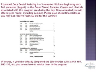 Expanded Duty Dental Assisting is a 3 semester Diploma beginning each
Fall semester (August) on the Grand Strand Campus. Classes and clinicals
associated with this program are during the day. Once accepted you will
attend year round, including summer. Please plan ahead financially as
you may not receive financial aid for the summer.
Of course, if you have already completed the core courses such as PSY 103,
ENG 155, etc. you do not have to retake them in the program.
 