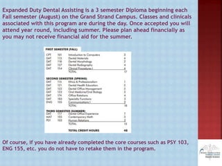 Expanded Duty Dental Assisting is a 3 semester Diploma beginning each
Fall semester (August) on the Grand Strand Campus. Classes and clinicals
associated with this program are during the day. Once accepted you will
attend year round, including summer. Please plan ahead financially as
you may not receive financial aid for the summer.
Of course, if you have already completed the core courses such as PSY 103,
ENG 155, etc. you do not have to retake them in the program.
 