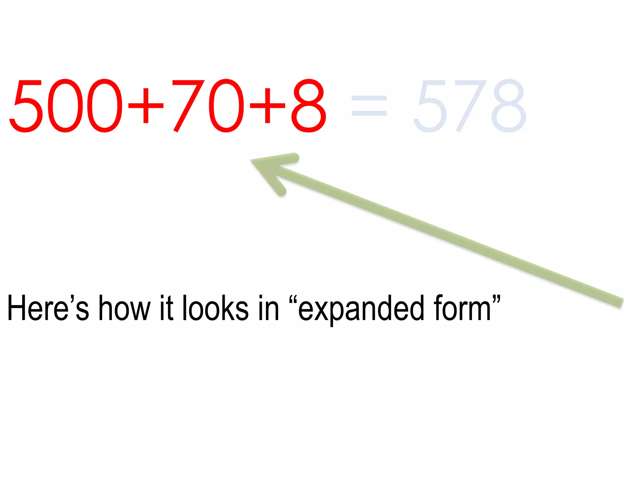 500+70+8 = 578Here’s how it looks in “expanded form” 