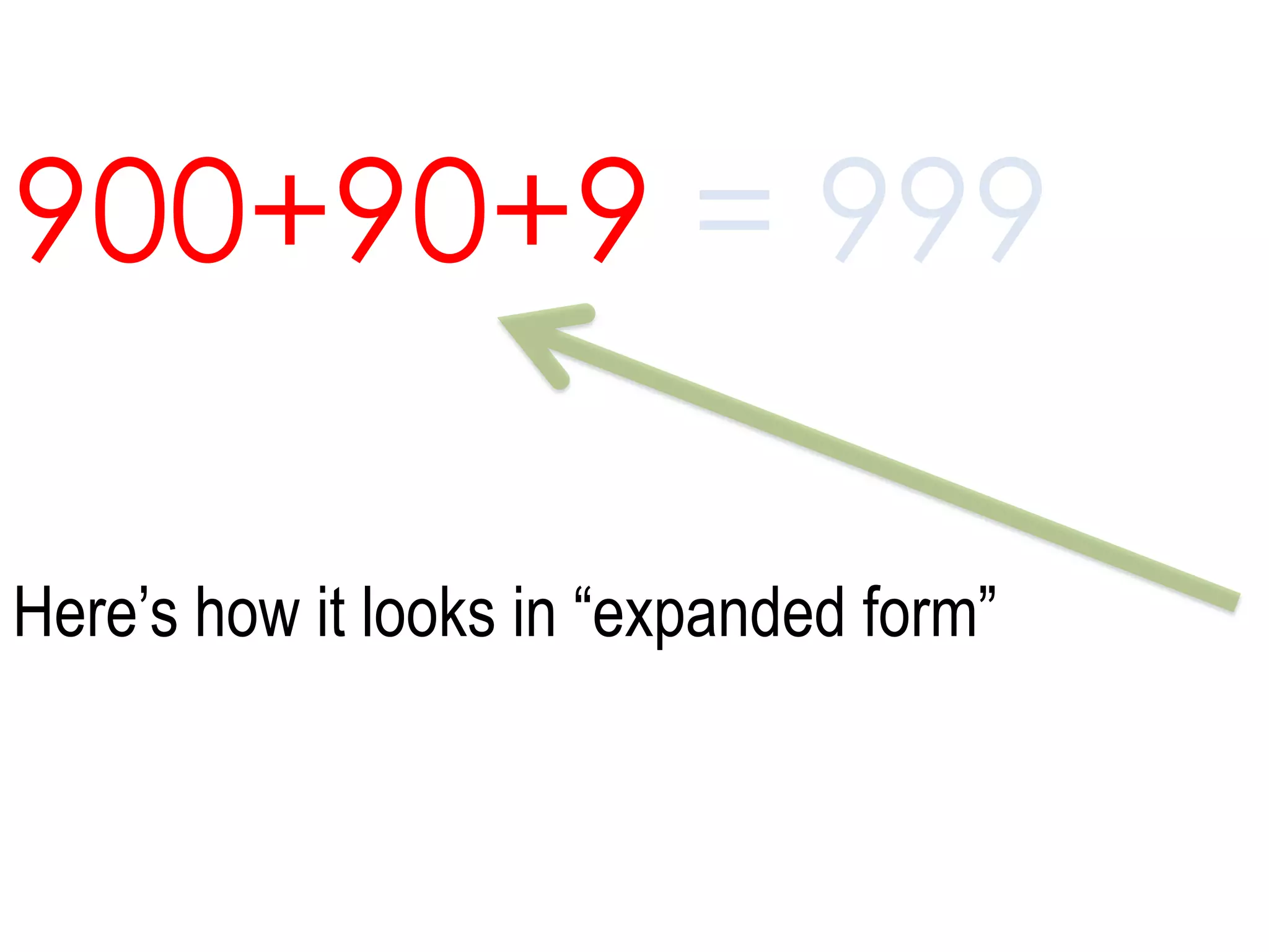 900+90+9 = 999Here’s how it looks in “expanded form” 